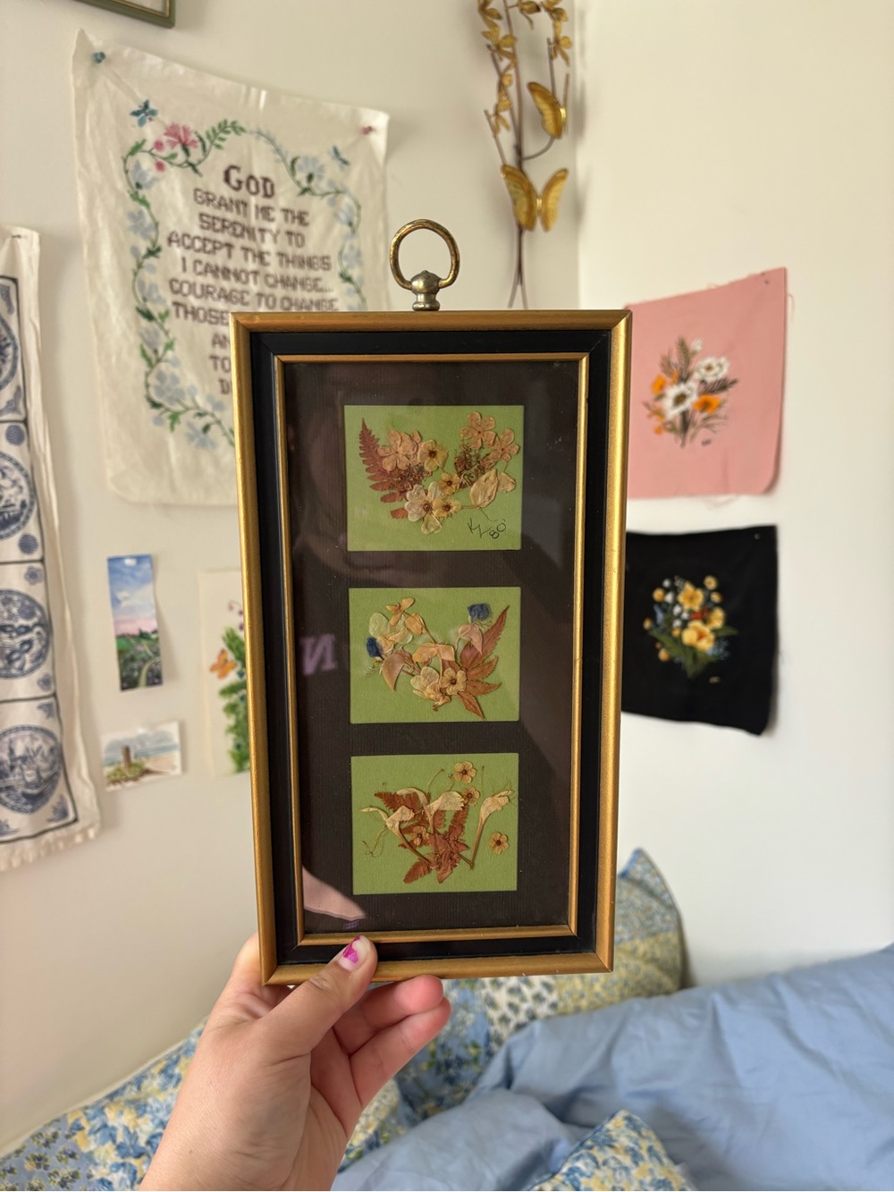 Framed Vintage pressed flower Botanical - Green & Gold frame
